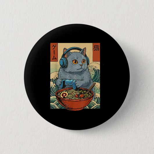 Cute Kawaii Gamer Cat Funny Ramen Retro Japanese C Button (Vorderseite)