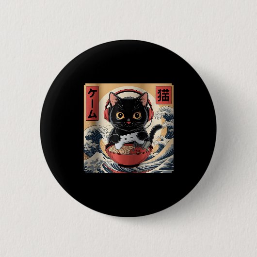 Cute Kawaii Gamer Cat Funny Ramen Retro Japanese C Button (Vorderseite)