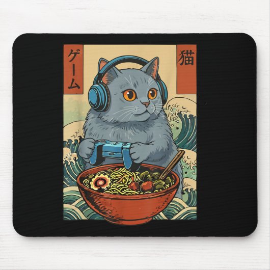 Cute Kawaii Gamer Cat Funny Ramen Retro Japanese C Mousepad (Vorne)