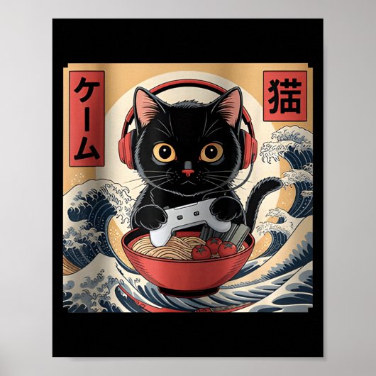 Cute Kawaii Gamer Cat Funny Ramen Retro Japanese C Poster (Vorne)