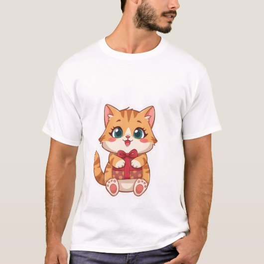 Cute Kawaii Ginger Cat Holding Red Gift Box  ✨🎁 T-Shirt (Vorderseite)
