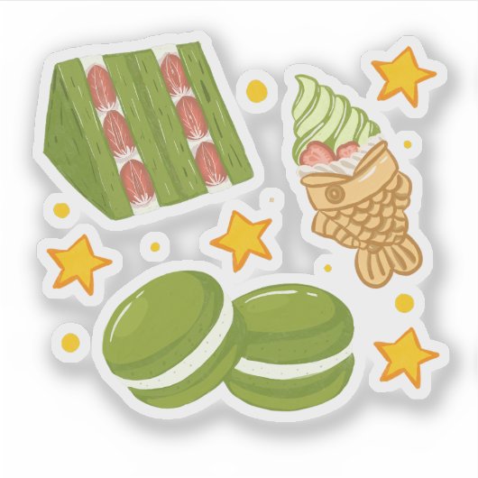 Cute Kawaii Hand-Drawn Matcha Sweets Aufkleber (Vorderseite)
