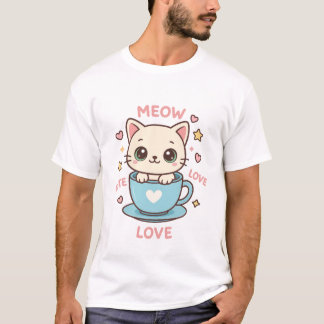 Cute Kawaii Kitten in Blue Teacup - Meow Love  T-Shirt