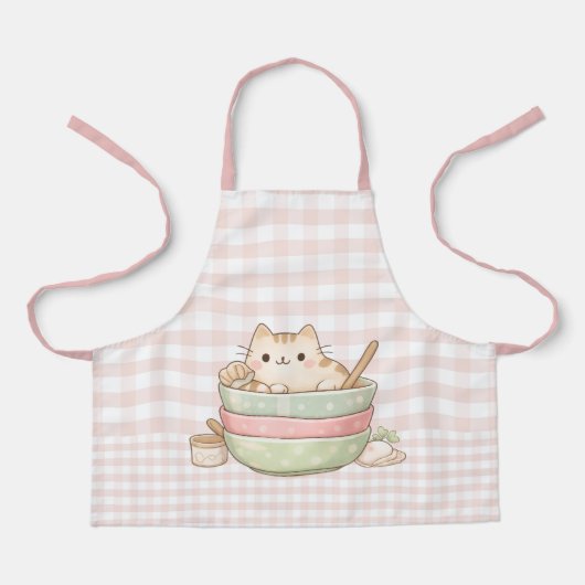 Cute Kawaii Kitty Cat Baking Pastel Gingham Pink Schürze (Vorderseite)