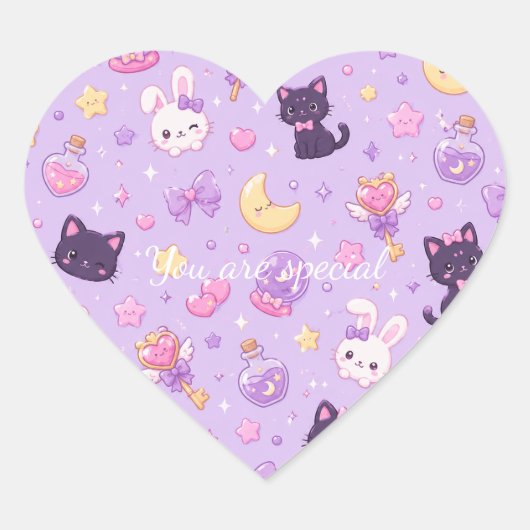 Cute Kawaii Magic Cats Pattern | Pastel Witchy  Herz-Aufkleber (Vorderseite)