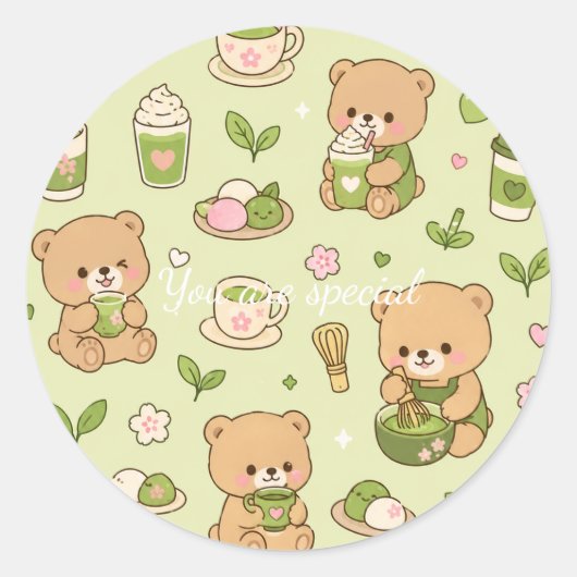 Cute Kawaii Matcha Teddy Bear Pattern | Green Tea Runder Aufkleber (Vorderseite)