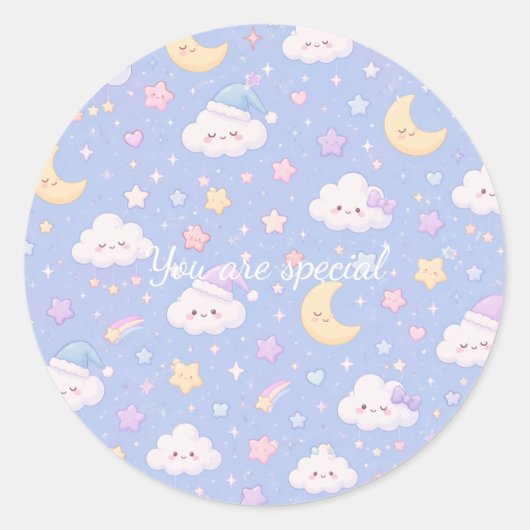 Cute Kawaii Moon & Clouds Pattern | Dreamy Pastel Runder Aufkleber (Vorderseite)