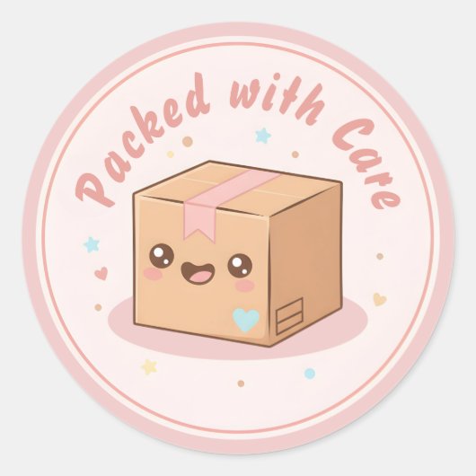 Cute Kawaii Parcel "Packed with Care" Packaging Runder Aufkleber (Vorderseite)