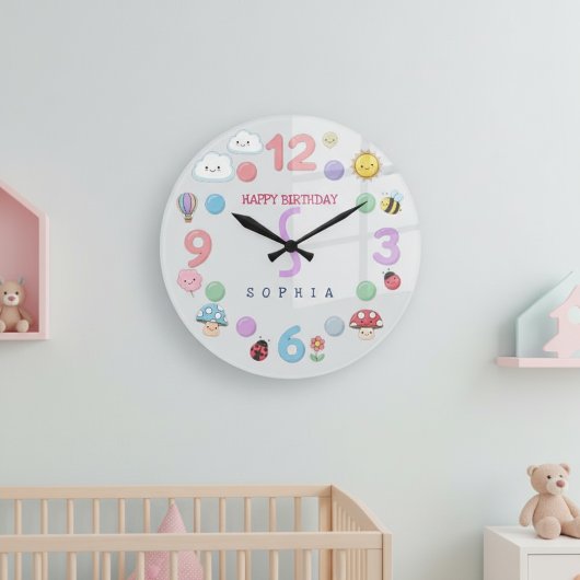 Cute Kawaii Personalized Birthday Name Große Wanduhr