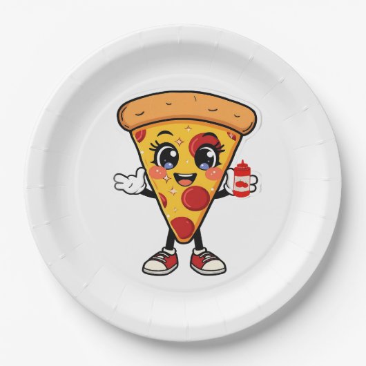 Cute Kawaii Pizza Slice Paper Plates Fun Party Foo Pappteller (Vorderseite)
