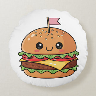 Cute Kawaii Smiling Cheeseburger Illustration Rundes Kissen