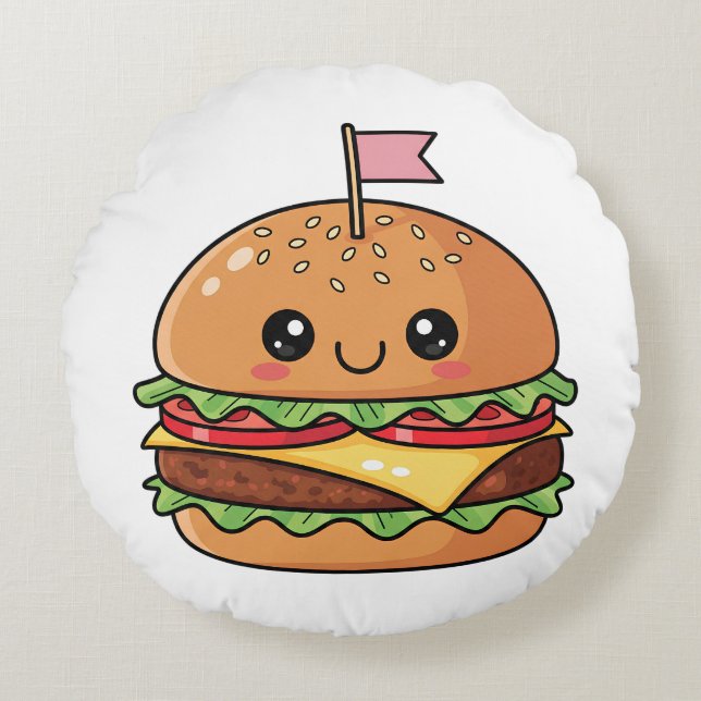 Cute Kawaii Smiling Cheeseburger Illustration Rundes Kissen (Vorderseite)