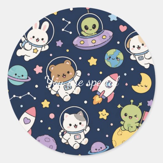 Cute Kawaii Space Animals Pattern | Pastel Galaxy  Runder Aufkleber (Vorderseite)