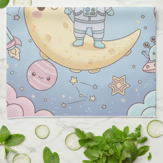 Cute Kawaii Space - Astronaut and Smiling Moon Geschirrtuch (Gefaltet)