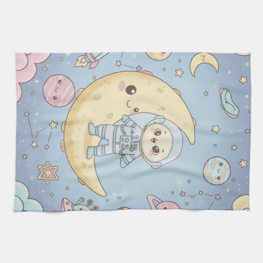 Cute Kawaii Space - Astronaut and Smiling Moon Geschirrtuch (Horizontal)