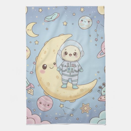 Cute Kawaii Space - Astronaut and Smiling Moon Geschirrtuch (Vertikal)