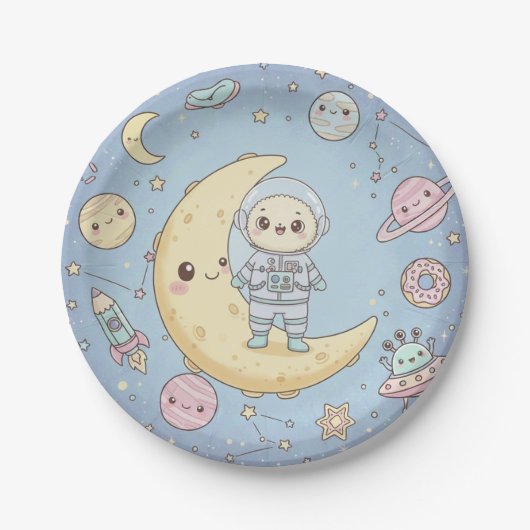 Cute Kawaii Space - Astronaut and Smiling Moon Pappteller (Vorderseite)