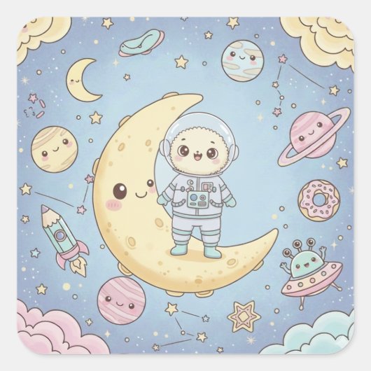Cute Kawaii Space - Astronaut and Smiling Moon Quadratischer Aufkleber (Vorderseite)