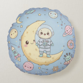Cute Kawaii Space - Astronaut and Smiling Moon Rundes Kissen