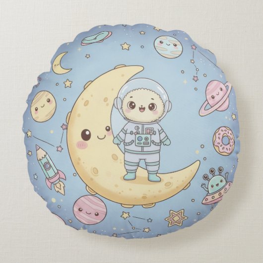 Cute Kawaii Space - Astronaut and Smiling Moon Rundes Kissen (Vorderseite)