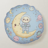 Cute Kawaii Space - Astronaut and Smiling Moon Rundes Kissen (Rückseite)