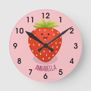 Cute kawaii strawberry cartoon illustration runde wanduhr