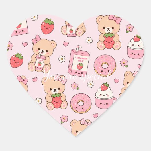 Cute Kawaii Strawberry Teddy Bear Pattern | Pink  Herz-Aufkleber (Vorderseite)