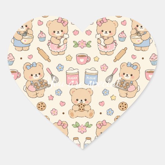 Cute Kawaii Teddy Bear Baking Pattern | Cozy Kitch Herz-Aufkleber (Vorderseite)
