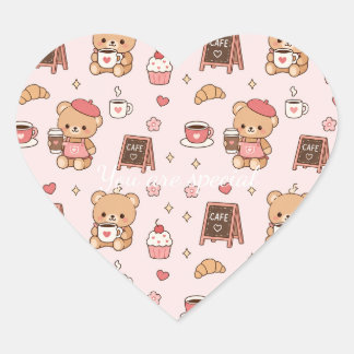 Cute Kawaii Teddy Bear Coffee Shop Pattern | Cozy Herz-Aufkleber