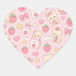 Cute Kawaii Teddy Bear Strawberry Pattern | Pink Herz-Aufkleber