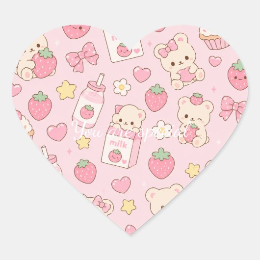 Cute Kawaii Teddy Bear Strawberry Pattern | Pink Herz-Aufkleber (Vorderseite)