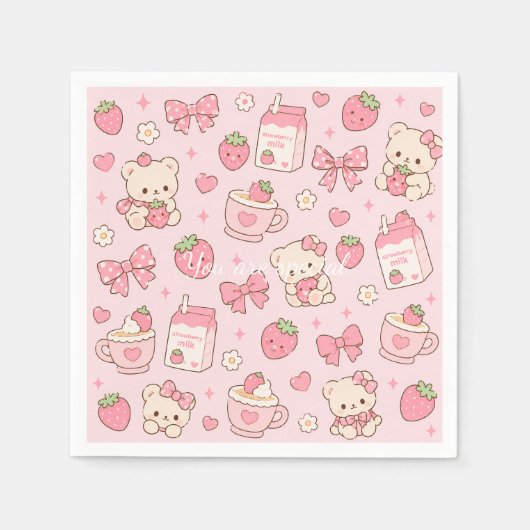 Cute Kawaii Teddy Bear Strawberry Pattern Sticker  Serviette (Vorderseite)