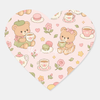 Cute Kawaii Teddy Bear Tea Party Pattern | Pastel Herz-Aufkleber