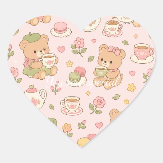 Cute Kawaii Teddy Bear Tea Party Pattern | Pastel Herz-Aufkleber (Vorderseite)