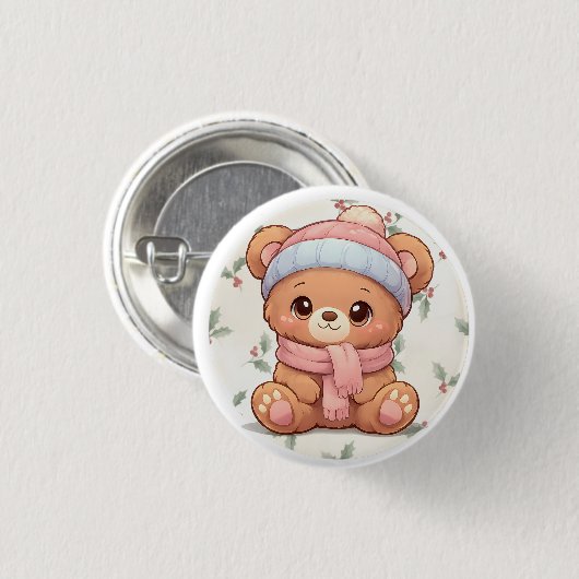Cute Kawaii Teddy Bear Winter Button (Vorne & Hinten)