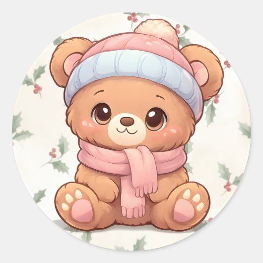 Cute Kawaii Teddy Bear Winter Sticker (Vorderseite)