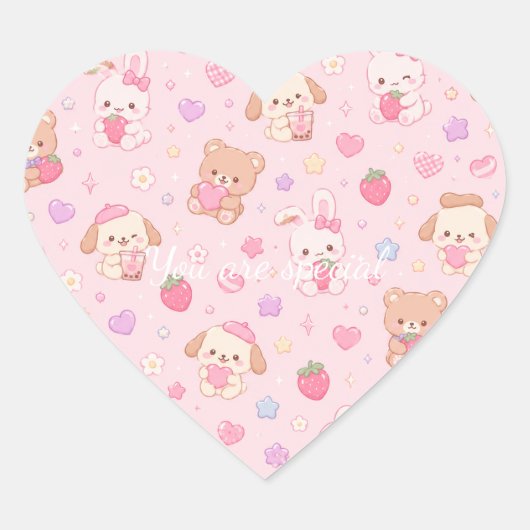 Cute Kawaii Teddy Bears & Strawberries Pattern  Herz-Aufkleber (Vorderseite)