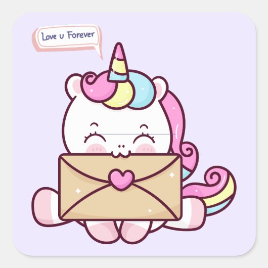 Cute Kawaii Unicorn Love Illustration Quadratischer Aufkleber (Vorderseite)