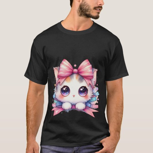 Cute Kawaii White Kitten Pink Ribbon Bow Magic Cat T-Shirt (Vorderseite)