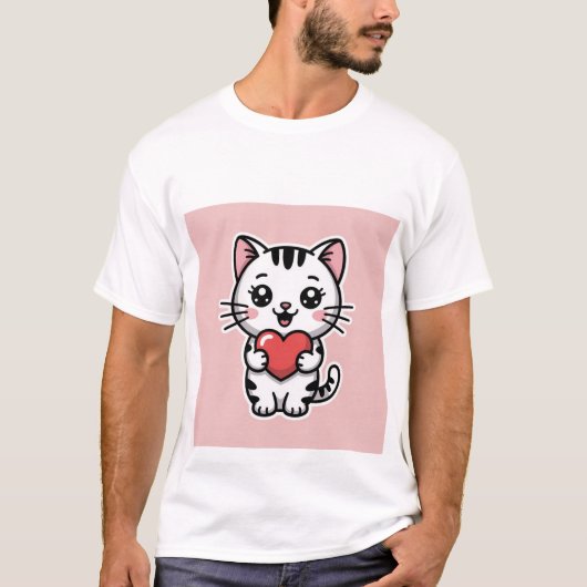 Cute Kawaii White Tabby Cat Holding Red Heart ✨❤️ T-Shirt (Vorderseite)