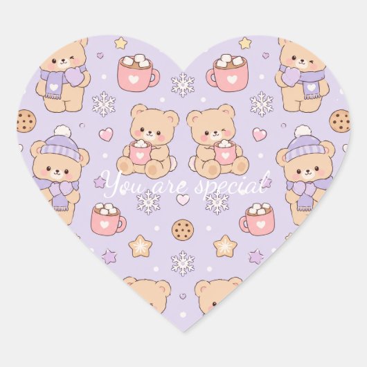 Cute Kawaii Winter Teddy Bear Pattern | Purple Herz-Aufkleber (Vorderseite)