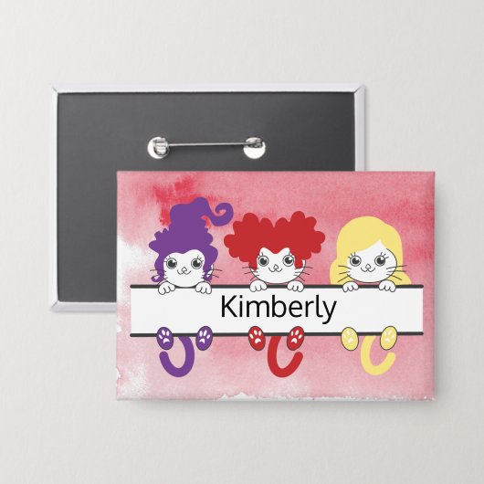 Cute Kawaii Witch Sisters Cats Name Monogram Button (Vorderseite/Rückseite)