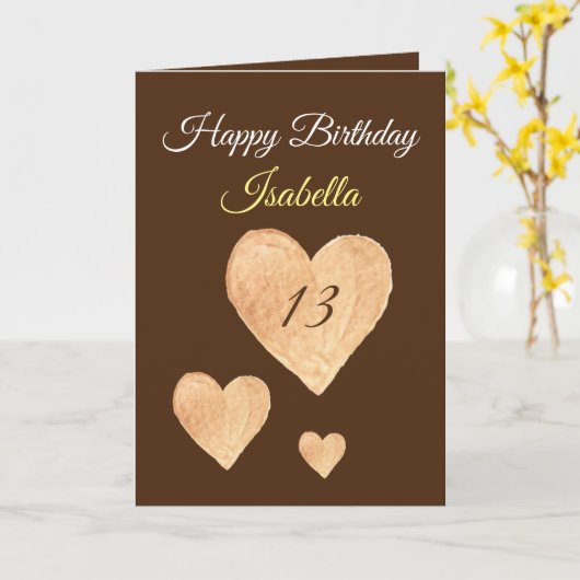 Cute Khaki Watercolor Heart 13th Birthday Karte (Gelbe Blume)