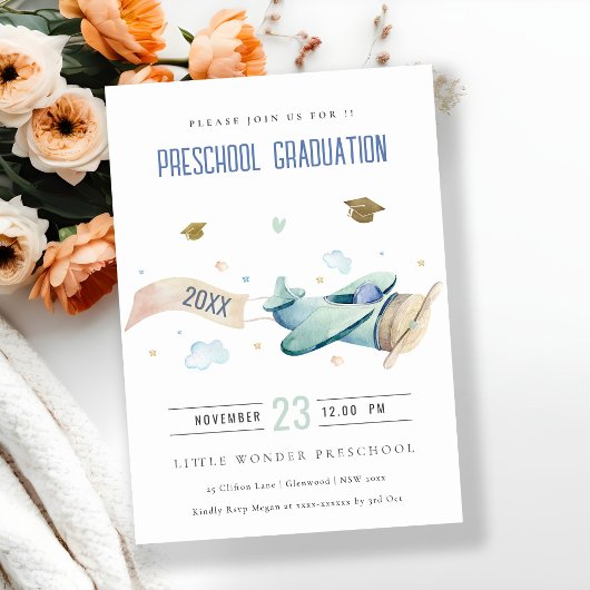 Cute Kids Airplane Sky Stars Preschool Graduation  Einladung