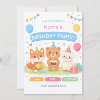 Cute Kids Birthday Invitation | Pastel Animal Birt Einladung