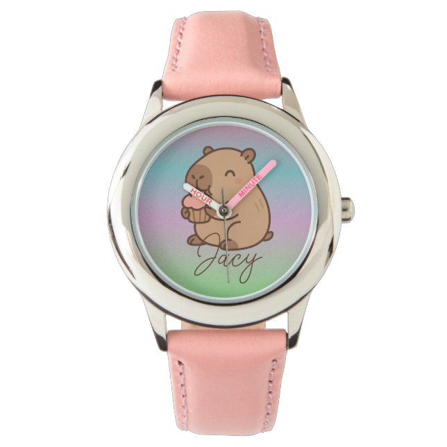 Cute Kids Capybara eating cupcakes Rainbow Armbanduhr (Vorderseite)