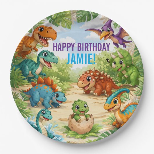 Cute Kids Dinosaur Birthday Pappteller (Vorderseite)