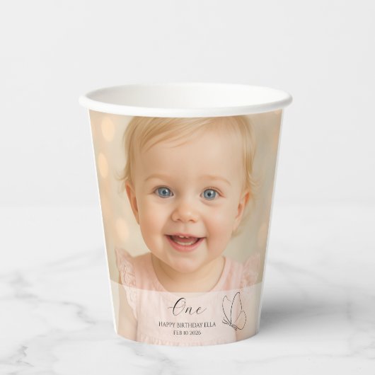 Cute Kid's First Birthday Party With Custom Photo Pappbecher (Vorderseite)