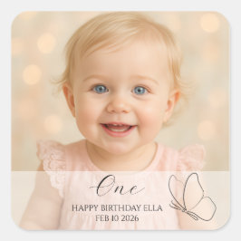 Cute Kid's First Birthday Party With Custom Photo Quadratischer Aufkleber