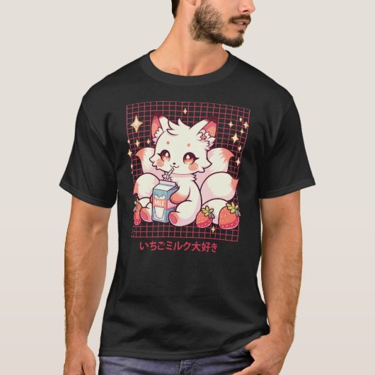 Cute Kitsune Japanese Anime Fox Kawaii Strawberry  T-Shirt (Vorderseite)